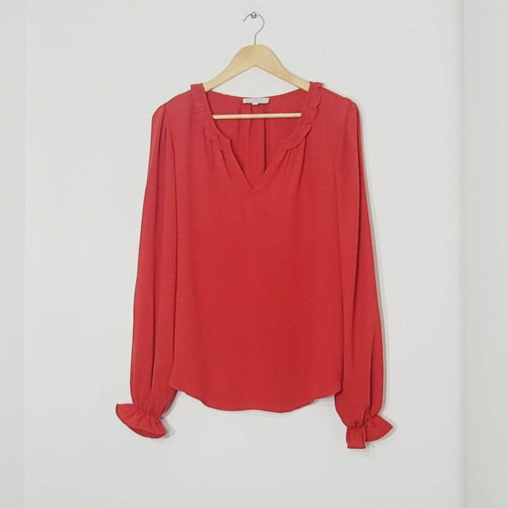 🛍️ BLOUSOLOGY Women's Red Long-Sleeve VNeck Ruffled Collar Tied Cuffs Blouse L
